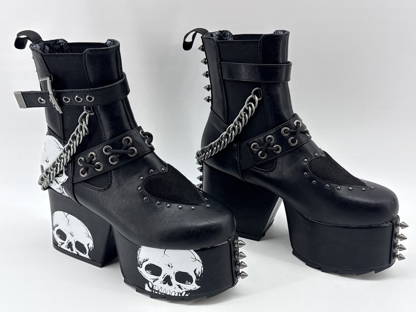 LAMODA Skull Punk Gothic Platform Boots Womens 8 Black Faux Leather Chains Goth