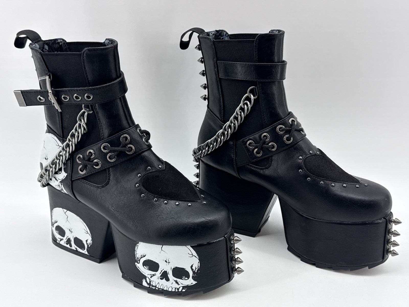 LAMODA Skull Punk Gothic Platform Boots Womens 8 Black Faux Leather Chains Goth