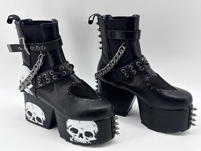 LAMODA Skull Punk Gothic Platform Boots Womens 8 Black Faux Leather Chains Goth