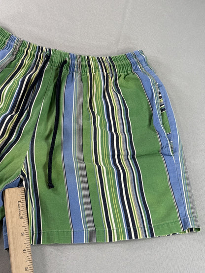 Barneys York Striped Shorts M Green Blue 100% Cotton Relaxed Fit Elastic Waist