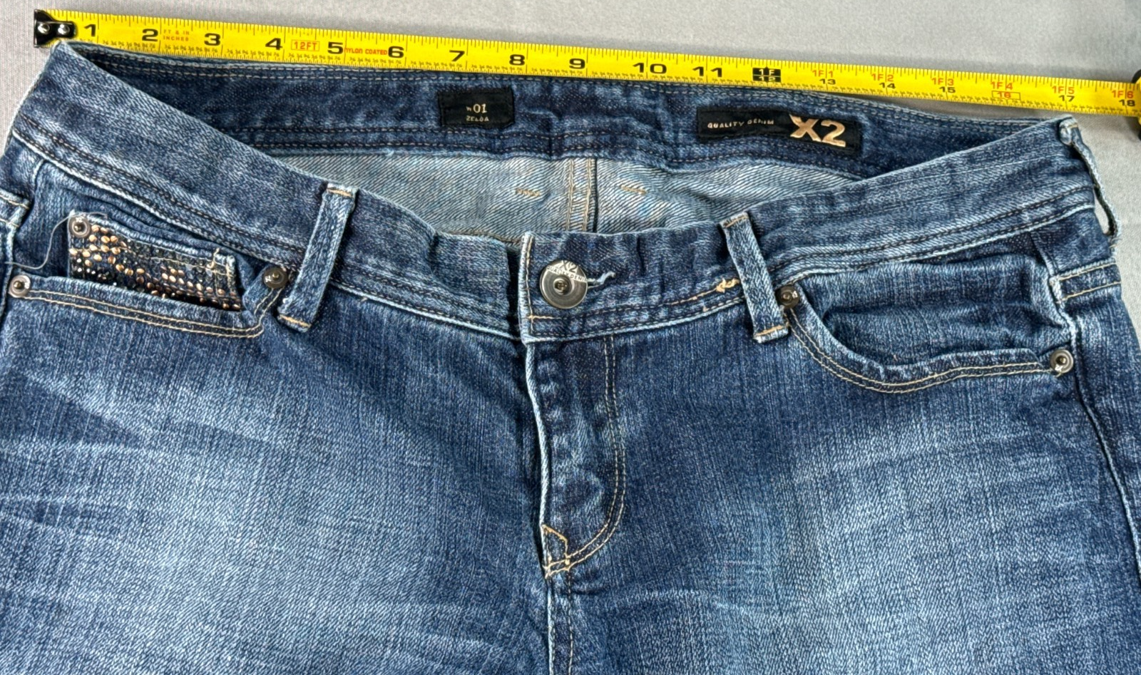 X2 Womens Capri Jeans Size 12 Blue Denim Stretch Bling Pocket Cropped Pants