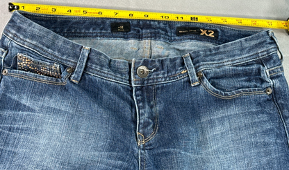 X2 Womens Capri Jeans Size 12 Blue Denim Stretch Bling Pocket Cropped Pants