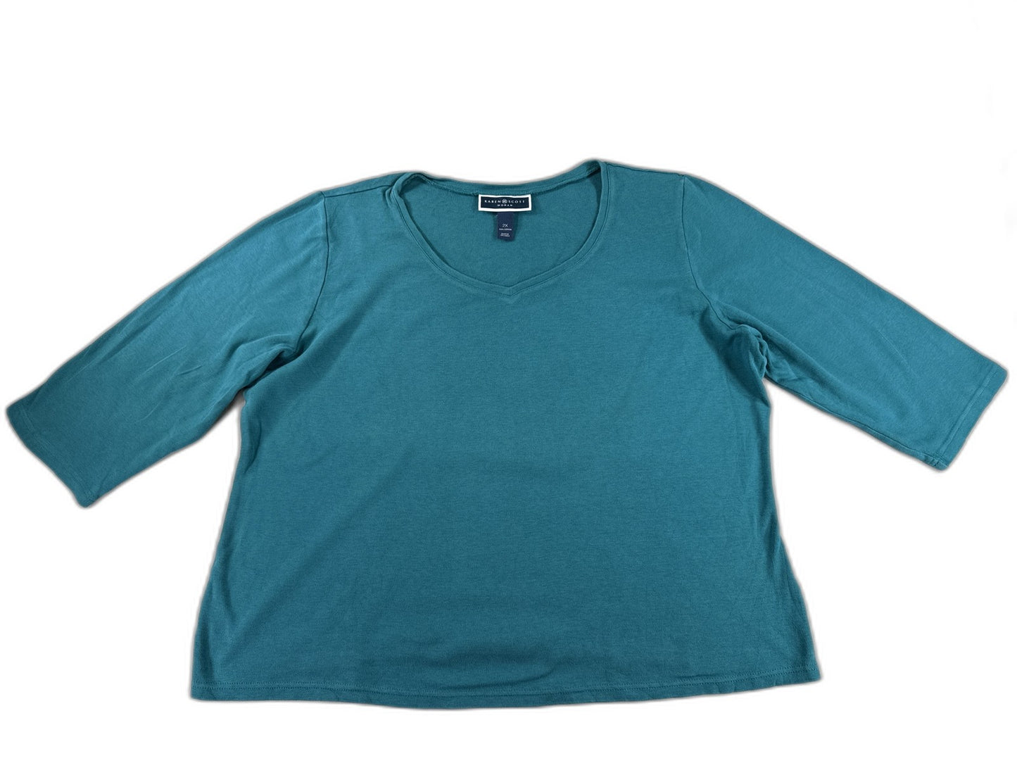KAREN SCOTT Womens Plus 2X Teal Sleeve Neck Floral Top 100% COTTON Knit