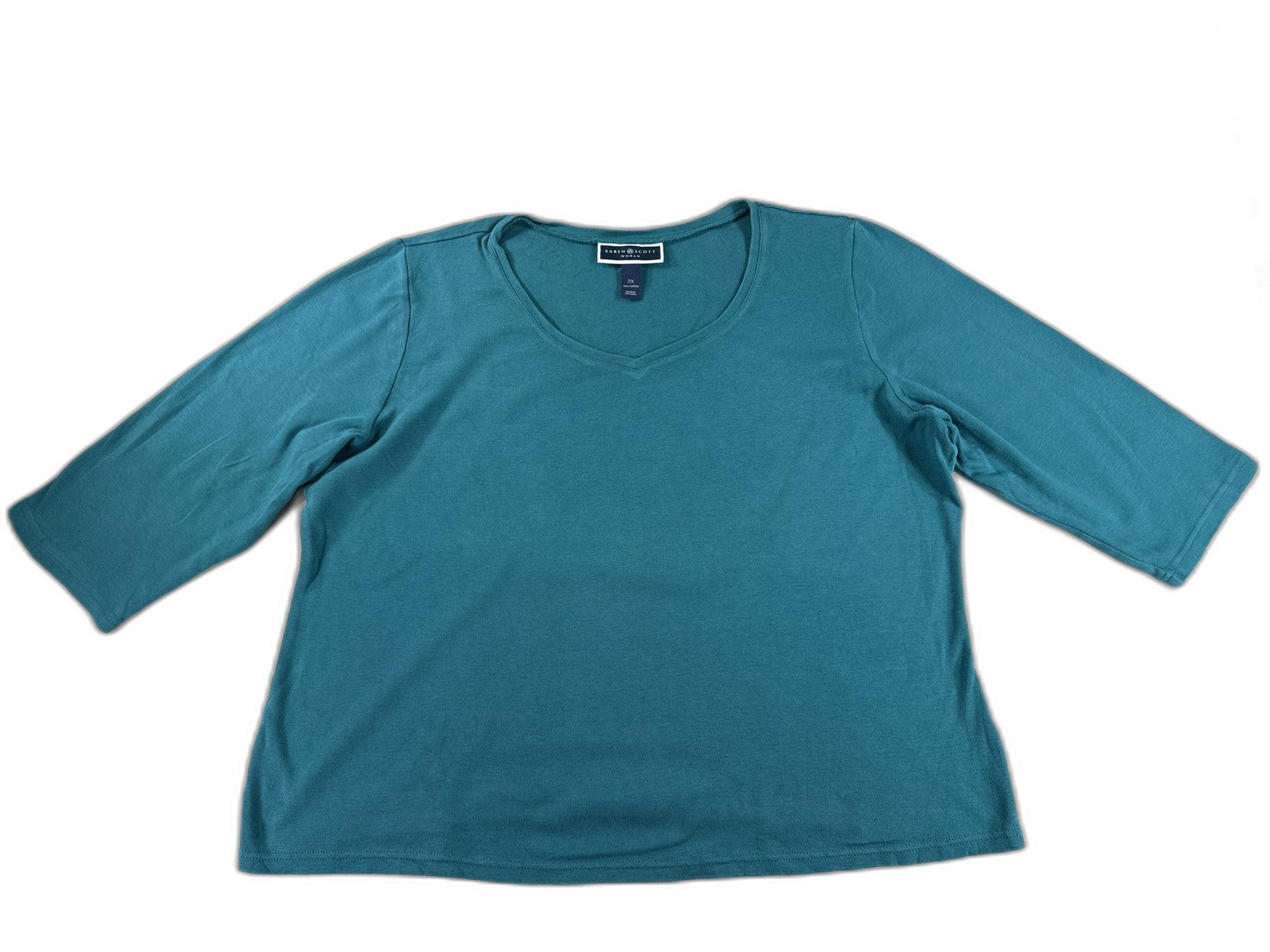 KAREN SCOTT Womens Plus 2X Teal Sleeve Neck Floral Top 100% COTTON Knit