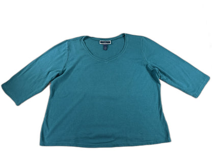 KAREN SCOTT Womens Plus 2X Teal Sleeve Neck Floral Top 100% COTTON Knit