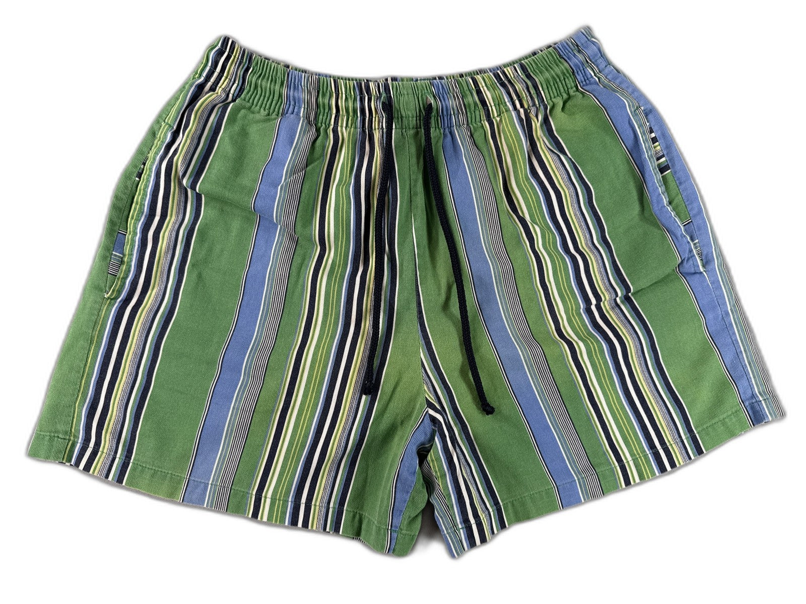 Barneys York Striped Shorts M Green Blue 100% Cotton Relaxed Fit Elastic Waist