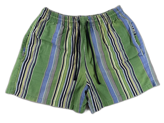 Barneys York Striped Shorts M Green Blue 100% Cotton Relaxed Fit Elastic Waist