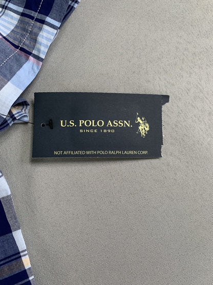 US Polo Assn Shirt Mens Large Blue Plaid Short Sleeve Button Down Casual Pocket