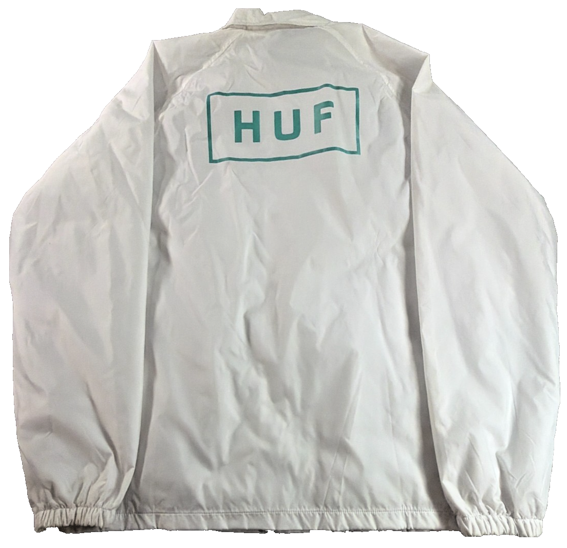 HUF Worldwide Bar Logo Coaches Jacket Mens Small White Teal Nylon Windbreaker
