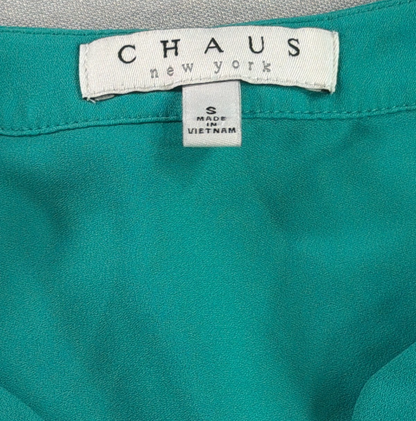 Chaus New York Blouse Women Small Teal Green V Neck Roll Tab Sleeve Chiffon Top