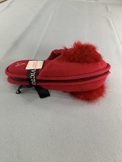 Victorias Secret Slippers Womens Small 5-6 Red Knit Pom Pom House Shoes Cozy on