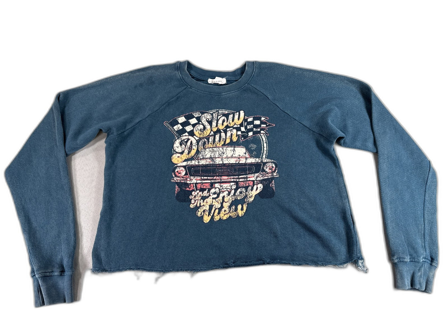 crow coe Car Graphic Retro Sweatshirt XS Blue Distressed Hem Long Sleeve