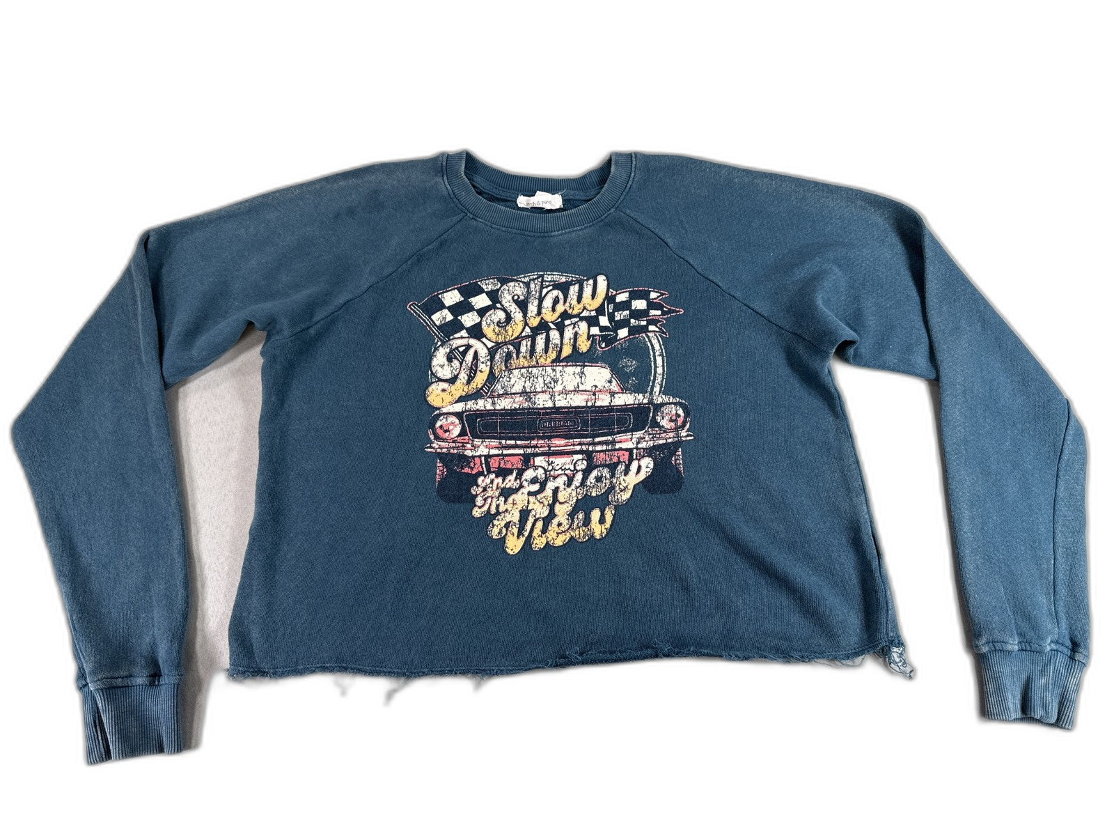 crow coe Car Graphic Retro Sweatshirt XS Blue Distressed Hem Long Sleeve