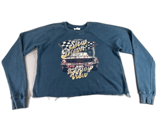 crow coe Car Graphic Retro Sweatshirt XS Blue Distressed Hem Long Sleeve