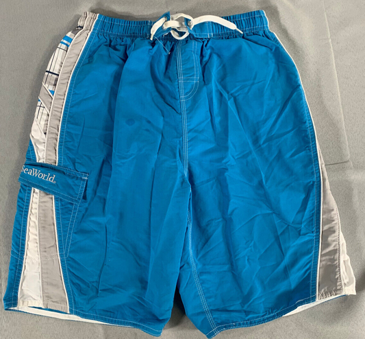 SeaWorld Swim Trunks XL Blue Gray Plaid Board Shorts Mesh Lined 18" Outseam