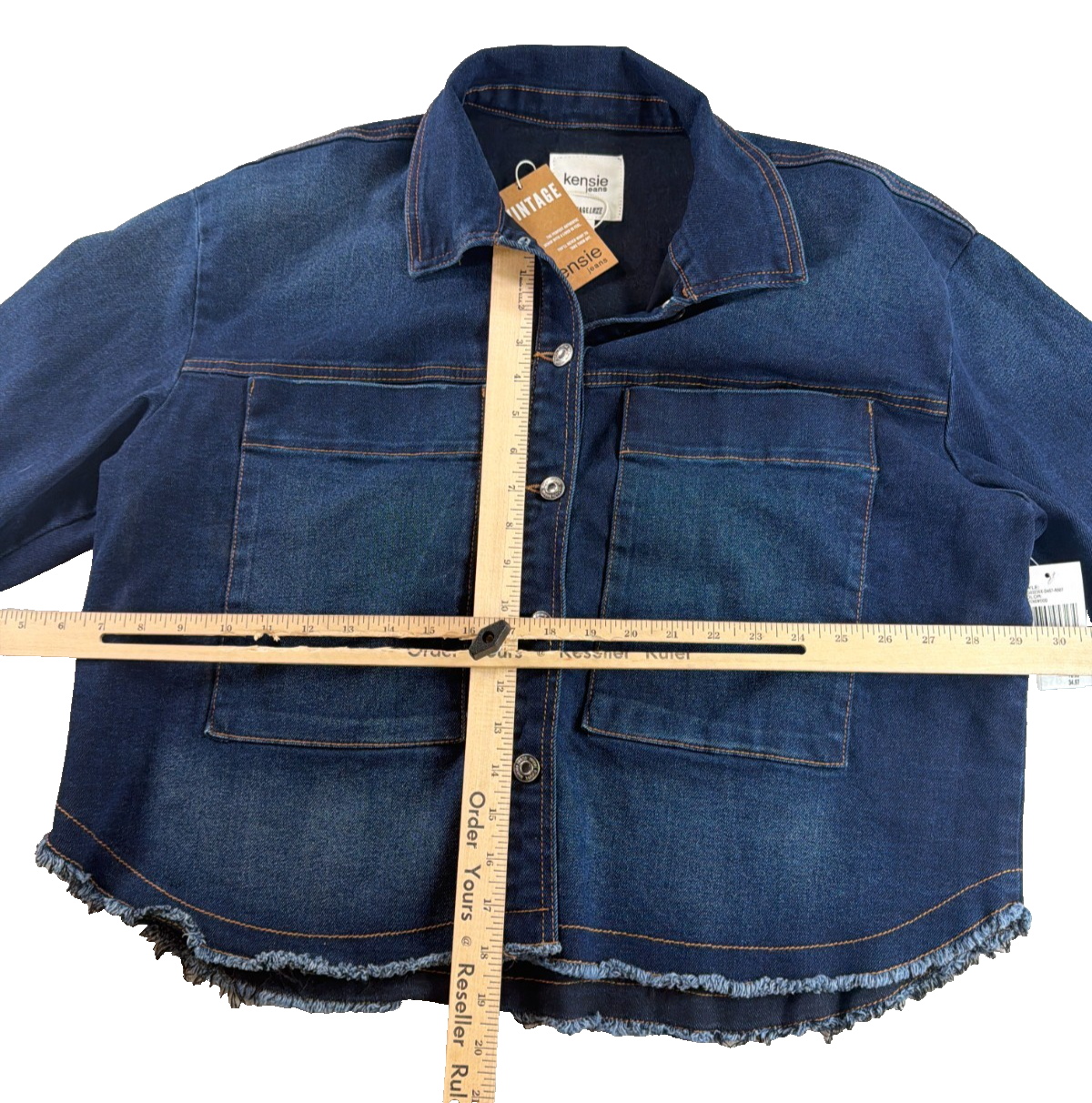 Kensie Jeans Vintage Luxe Denim Jacket Shacket Womens Large NWT Frayed Hem Blue