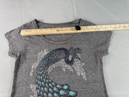 Lucky Brand Peacock Graphic Tee S S/P Gray Scoop Neck Short Sleeve Boho Top