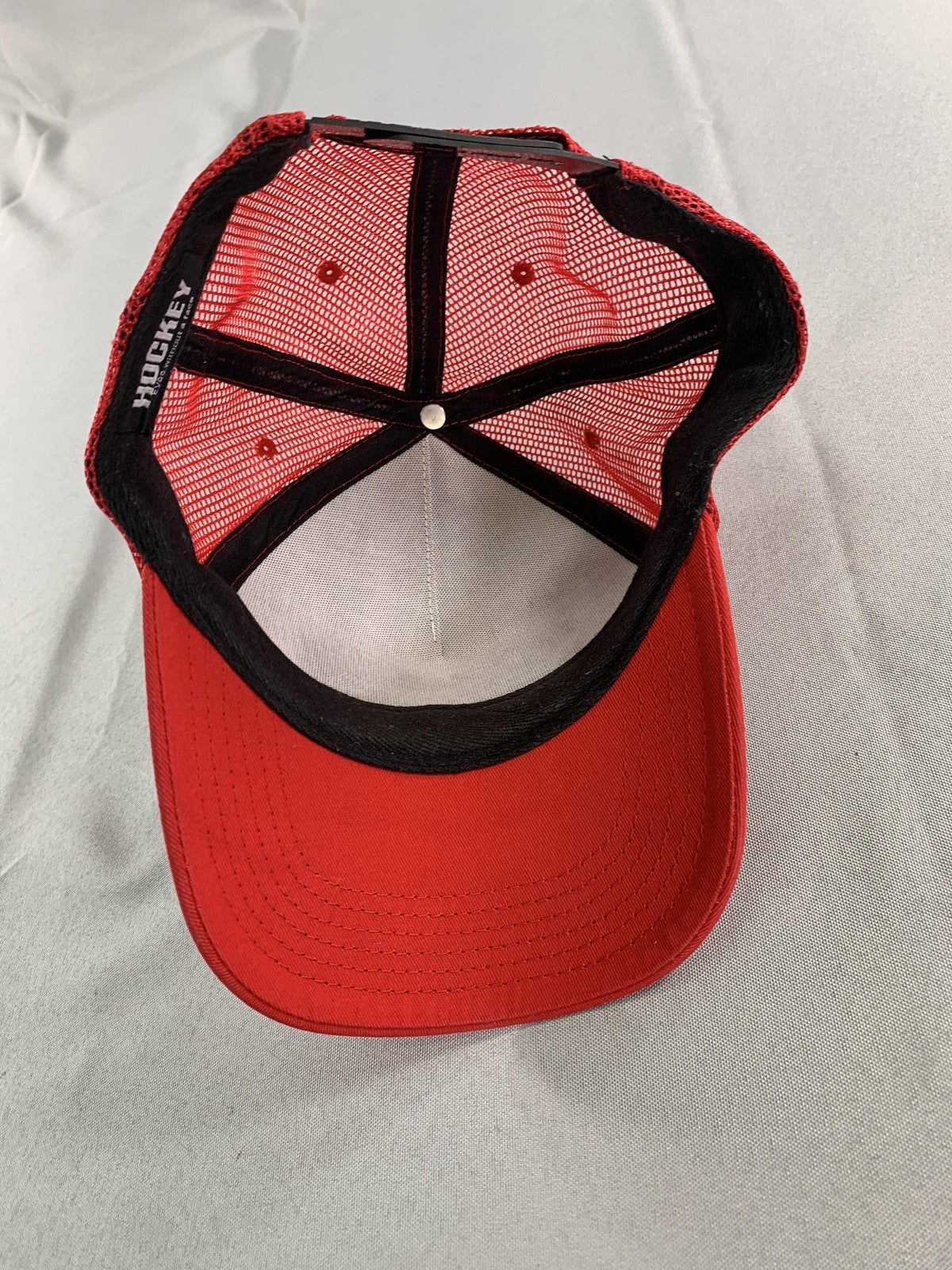 Hockey Hat Cap Snap Back Mens Red White Trucker Mesh Patch Embroidered on Black