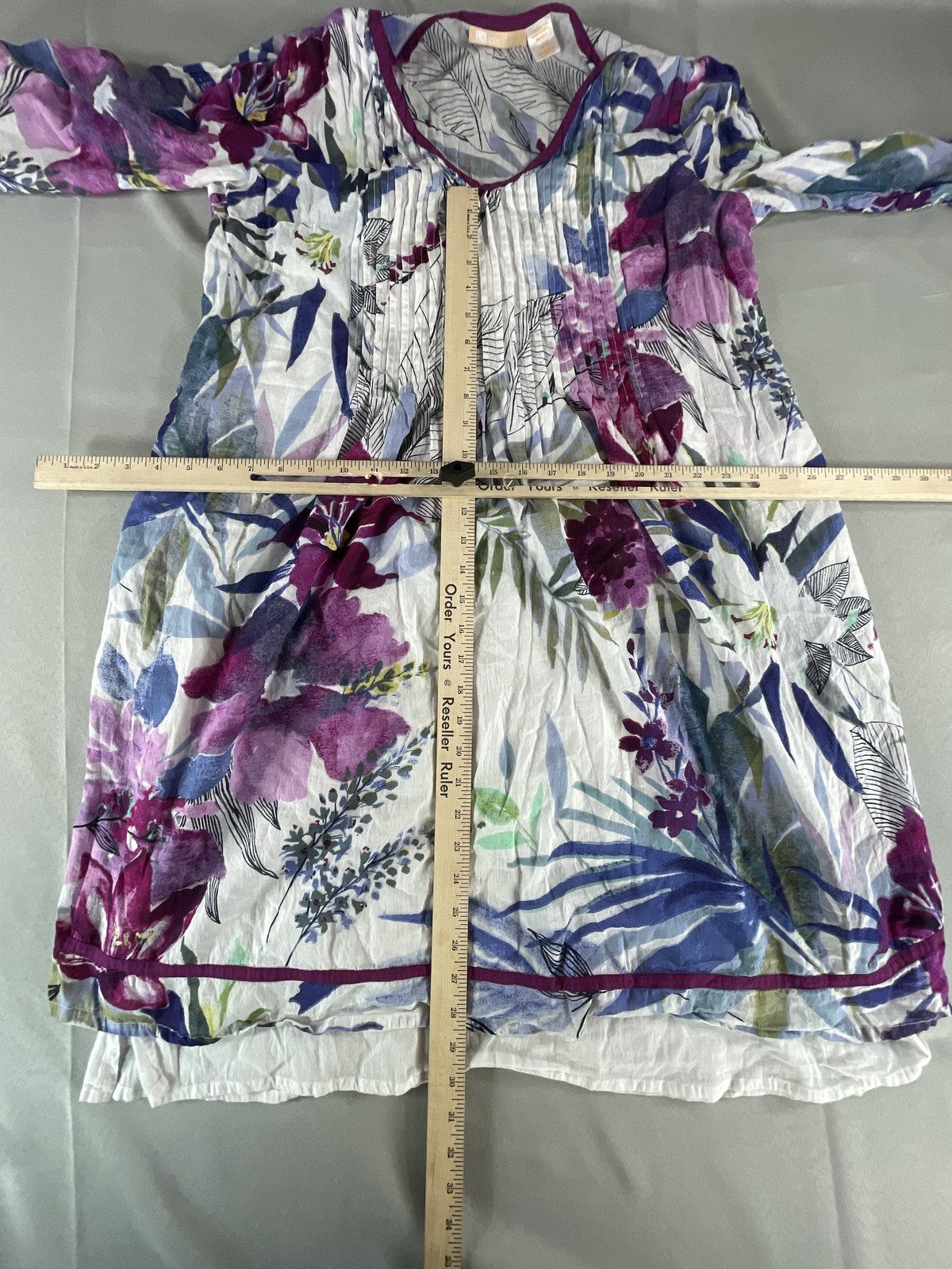 Cera Tunic Top Womens Large Purple Floral Print Pleated Lightweight Blouse Boho