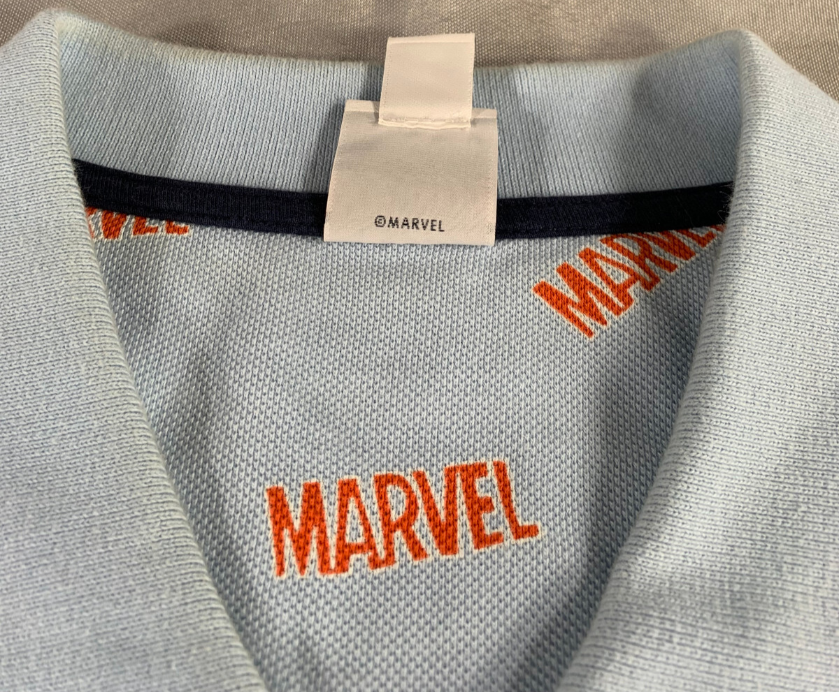 Marvel Amazon Essentials Polo Shirt M Blue All Over Logo Cotton Collared Mens