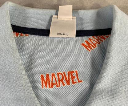 Marvel Amazon Essentials Polo Shirt M Blue All Over Logo Cotton Collared Mens