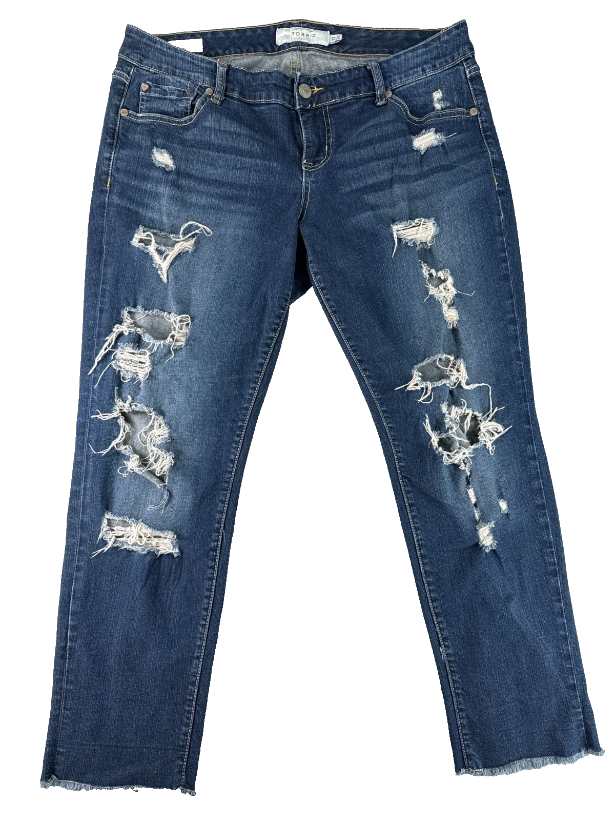 Torrid Boyfriend Distressed Jeans Womens 12 Crop Raw Hem Stretch Denim Blue