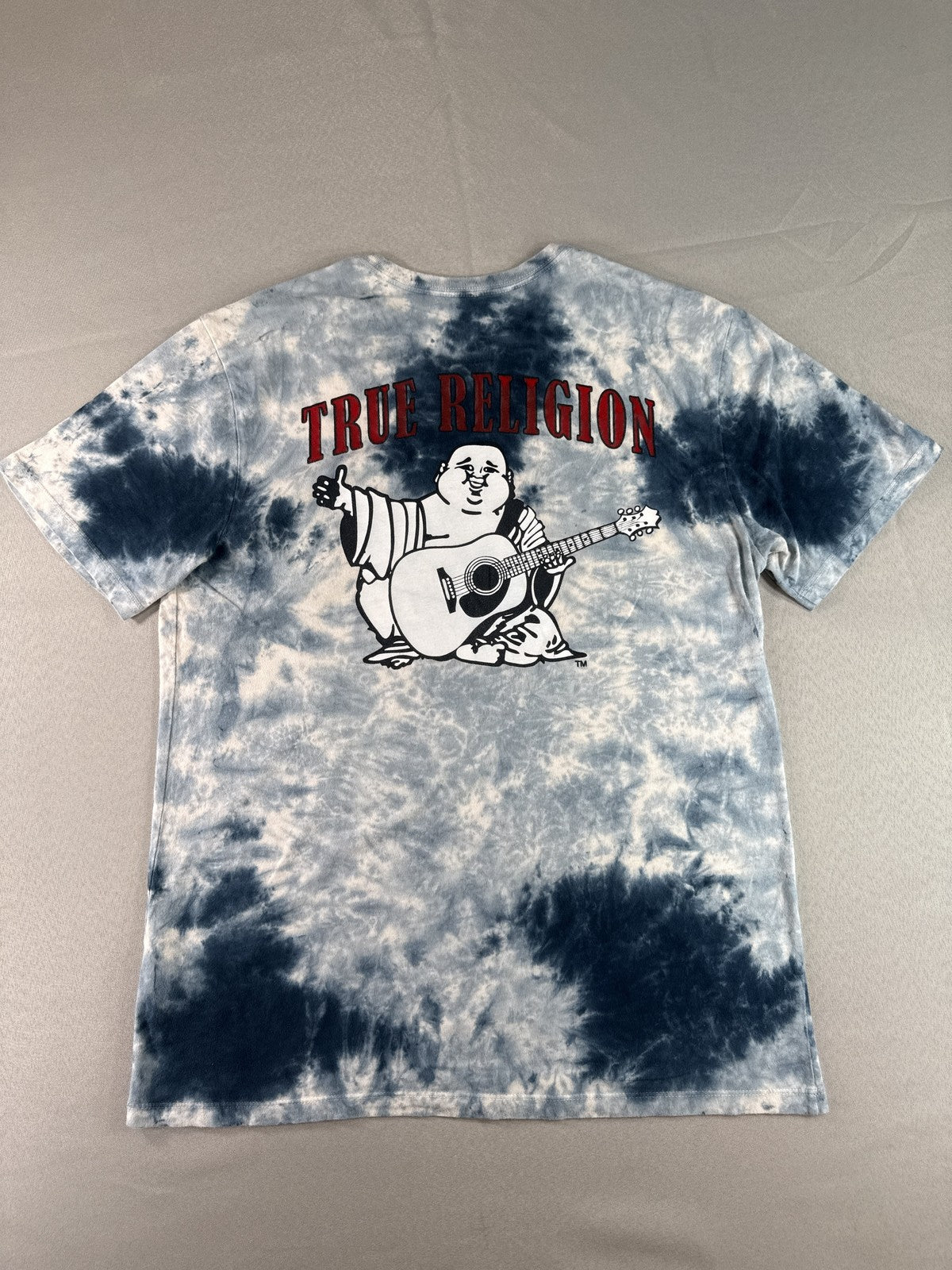 True Religion Buddha World Tour Tie Dye T-Shirt Mens M Blue Crew Neck Horseshoe