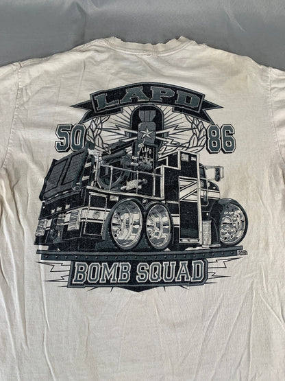 Vintage LAPD Bomb Squad 50 86 Graphic T-Shirt Police Truck Tee White Single Stit