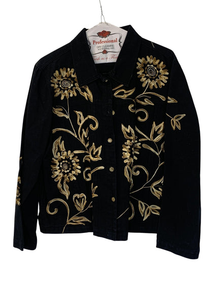 West End Jacket Womens Large Black Gold Floral Embroidered Button Front JTW10013