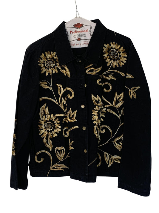 West End Jacket Womens Large Black Gold Floral Embroidered Button Front JTW10013