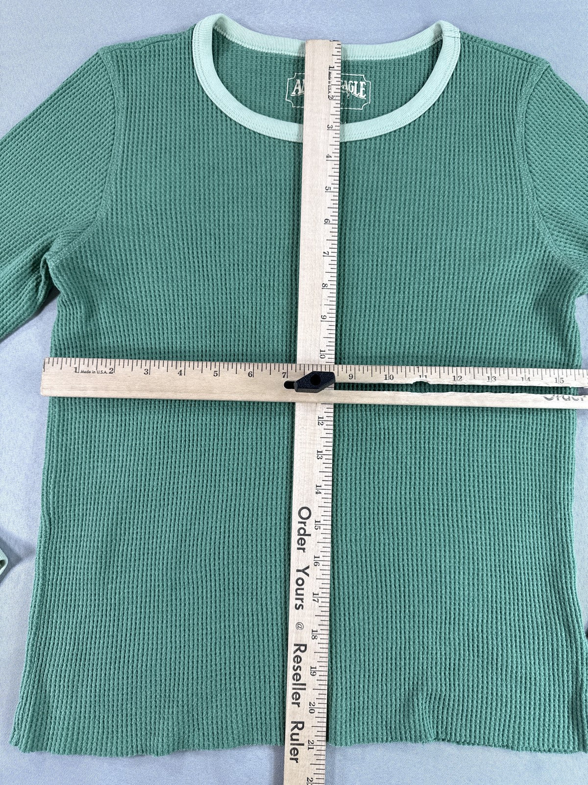 American Eagle Womens Waffle Knit Thermal Long Sleeve Crewneck M Shirt Green