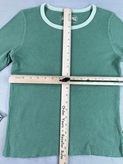 American Eagle Womens Waffle Knit Thermal Long Sleeve Crewneck M Shirt Green