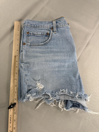 Levis Ribcage Shorts Womens 33 Blue Denim Distressed High Rise Button Fly 5275