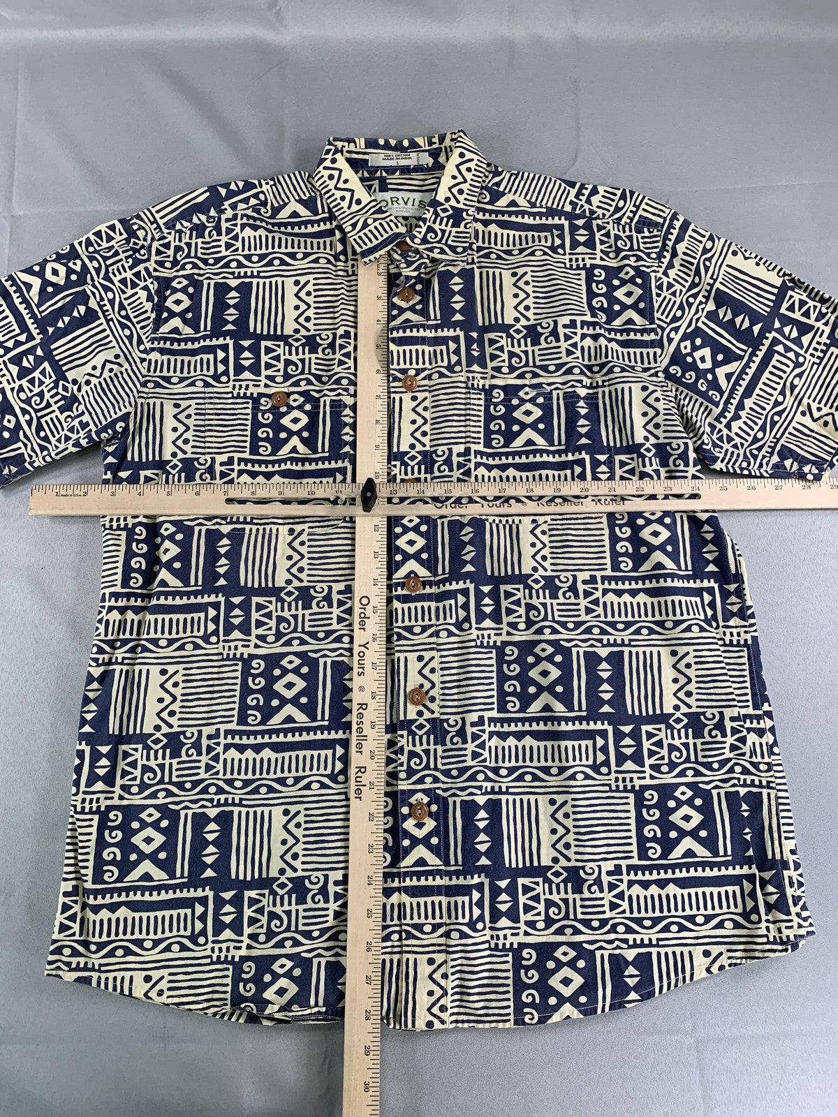 Orvis Shirt Mens Large Blue White Geometric Print Short Sleeve Button Up Cotton