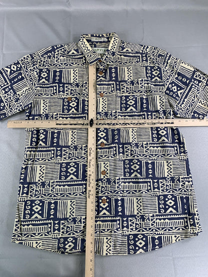 Orvis Shirt Mens Large Blue White Geometric Print Short Sleeve Button Up Cotton