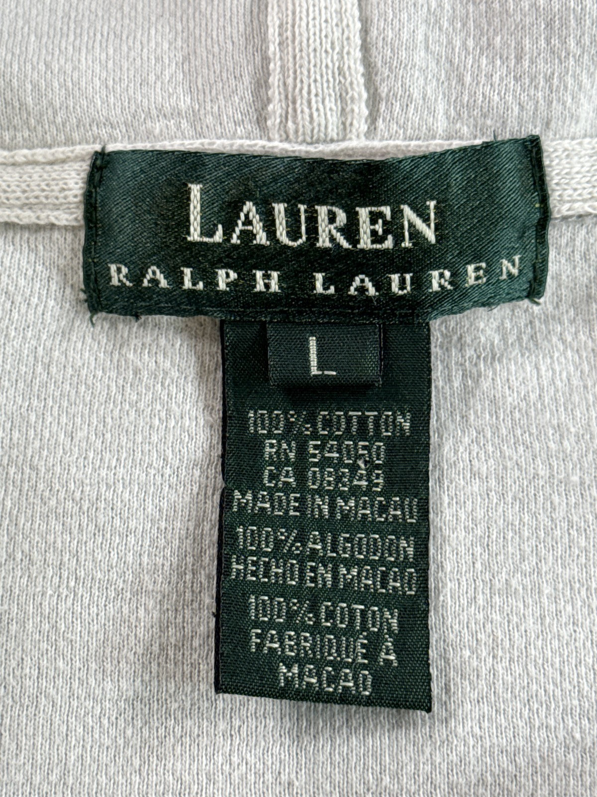 LAUREN RALPH Full Zip Hoodie L Gray 100% Cotton Regular Fit Long Sleeve