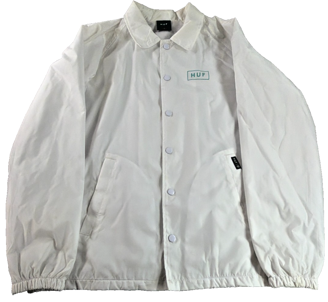HUF Worldwide Bar Logo Coaches Jacket Mens Small White Teal Nylon Windbreaker