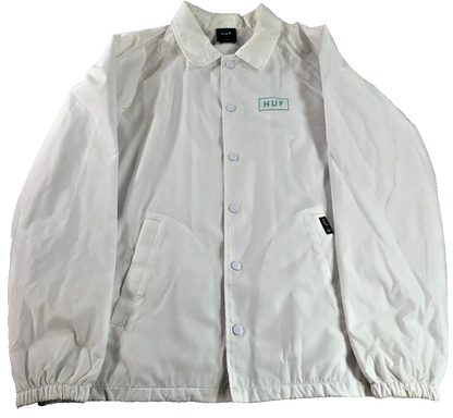 HUF Worldwide Bar Logo Coaches Jacket Mens Small White Teal Nylon Windbreaker