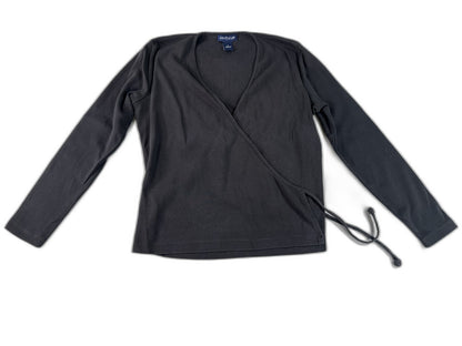 Ann Taylor Wrap Top M Long Sleeve Neck Black 100% Cotton Faux Stretch Solid