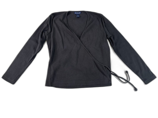 Ann Taylor Wrap Top M Long Sleeve Neck Black 100% Cotton Faux Stretch Solid