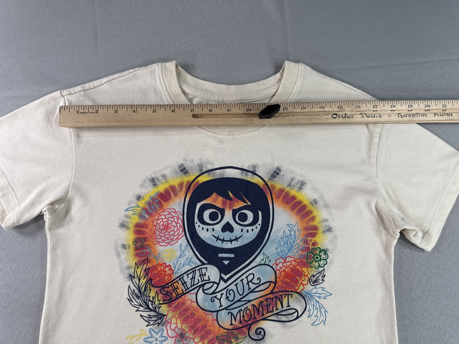 Disney Skull Dia de los Muertos Graphic Print Tee XS Beige Cotton Short Sleeve