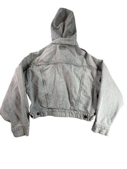 American Eagle Cropped Hooded Denim Jacket Women Small Gray Acid Wash AEO Jean