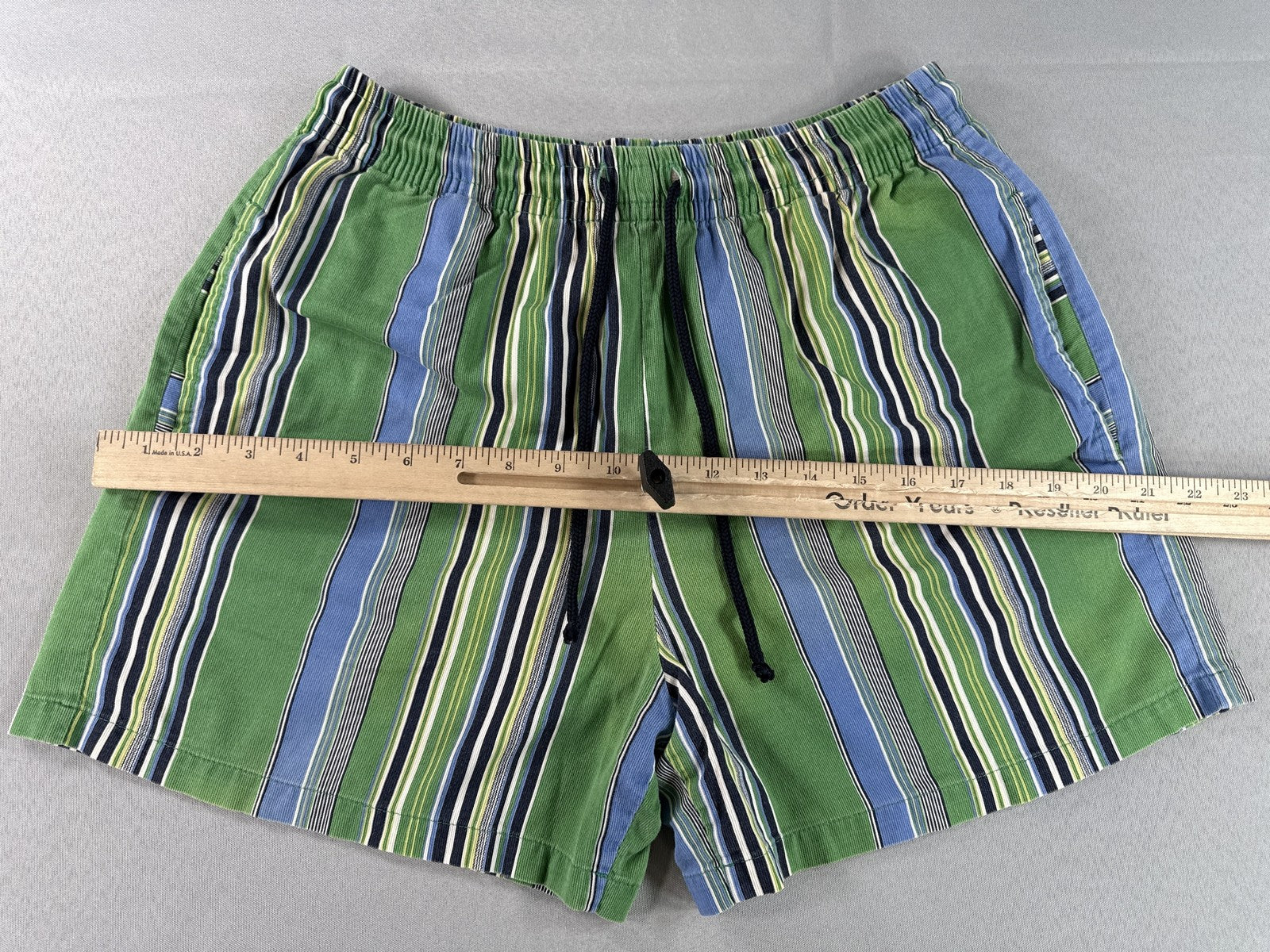 Barneys York Striped Shorts M Green Blue 100% Cotton Relaxed Fit Elastic Waist