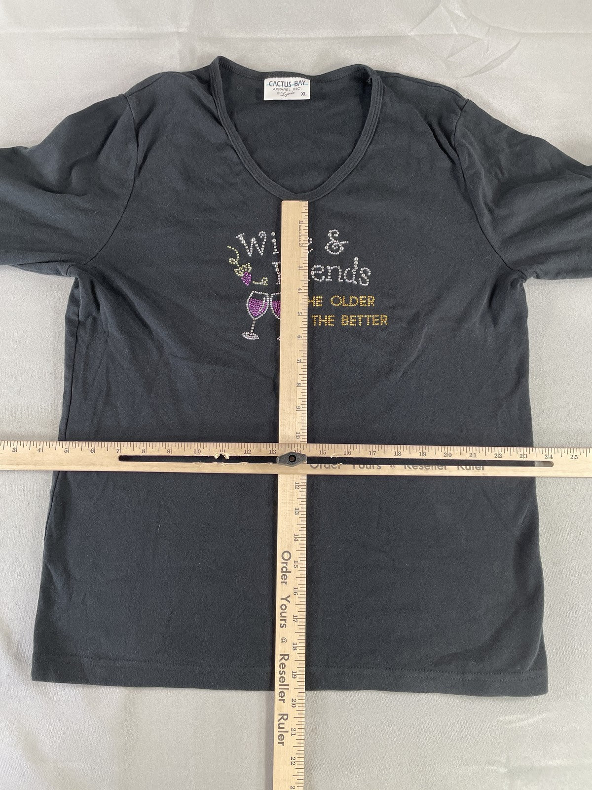 Cactus Bay Shirt Womens XL Black Wine Friends Rhinestone Graphic Long Sleeve Top