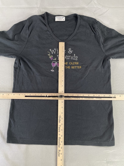 Cactus Bay Shirt Womens XL Black Wine Friends Rhinestone Graphic Long Sleeve Top