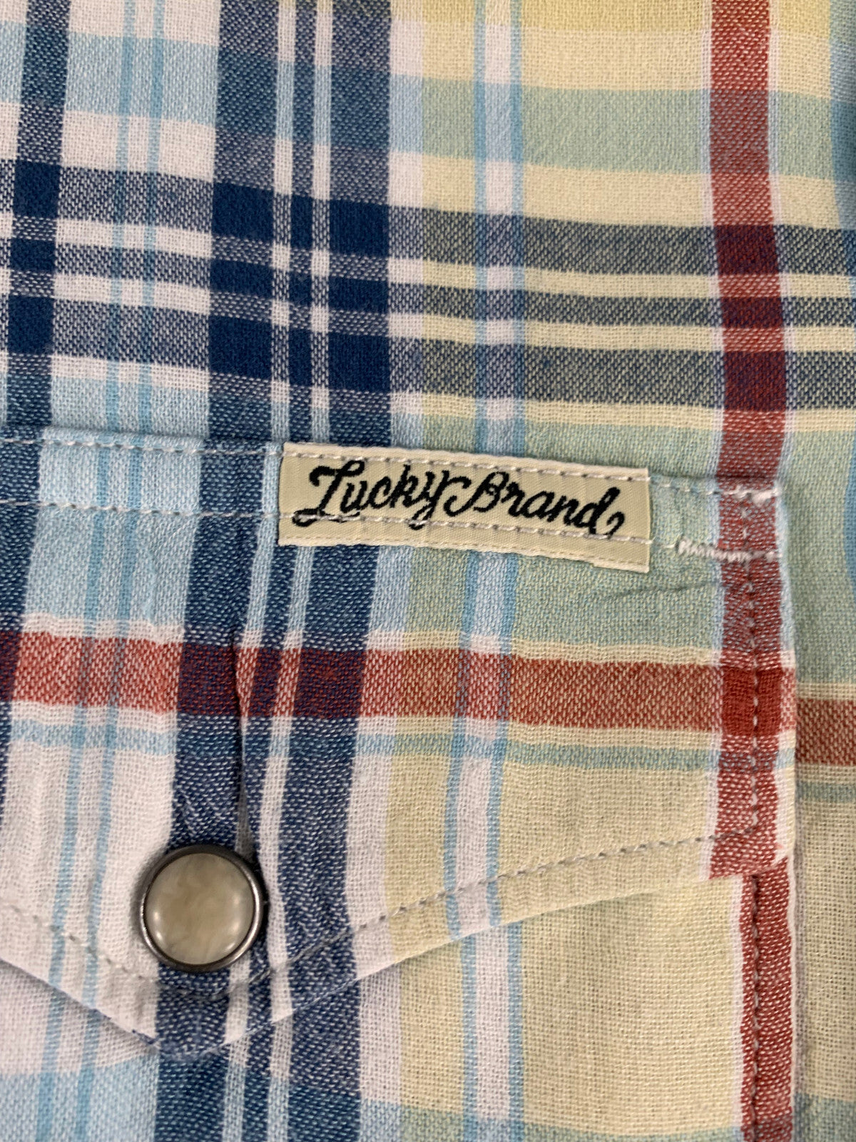 Lucky Brand XXL Western Snap Shirt Blue Green Red Plaid Long Sleeve Cowboy Men