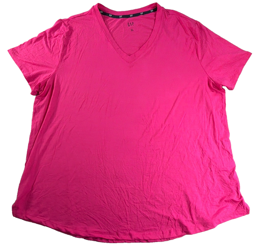 GAP Womens XXL Hot Pink Fuchsia V-Neck Short Sleeve Relaxed Tee Shirt Logo Tape