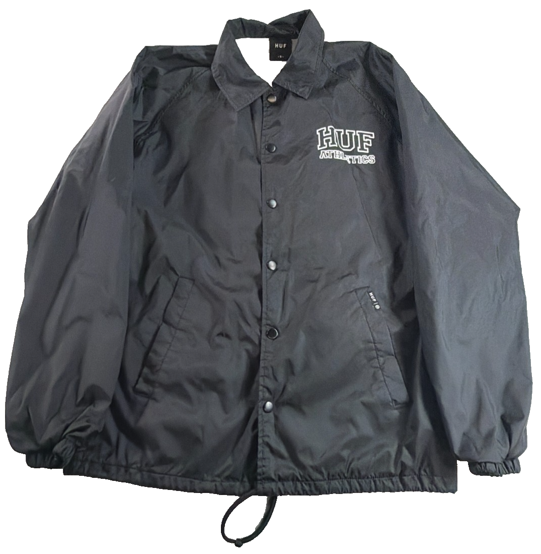 HUF Athletics Coaches Jacket Mens Small Black Nylon Windbreaker Snap Skate NWT