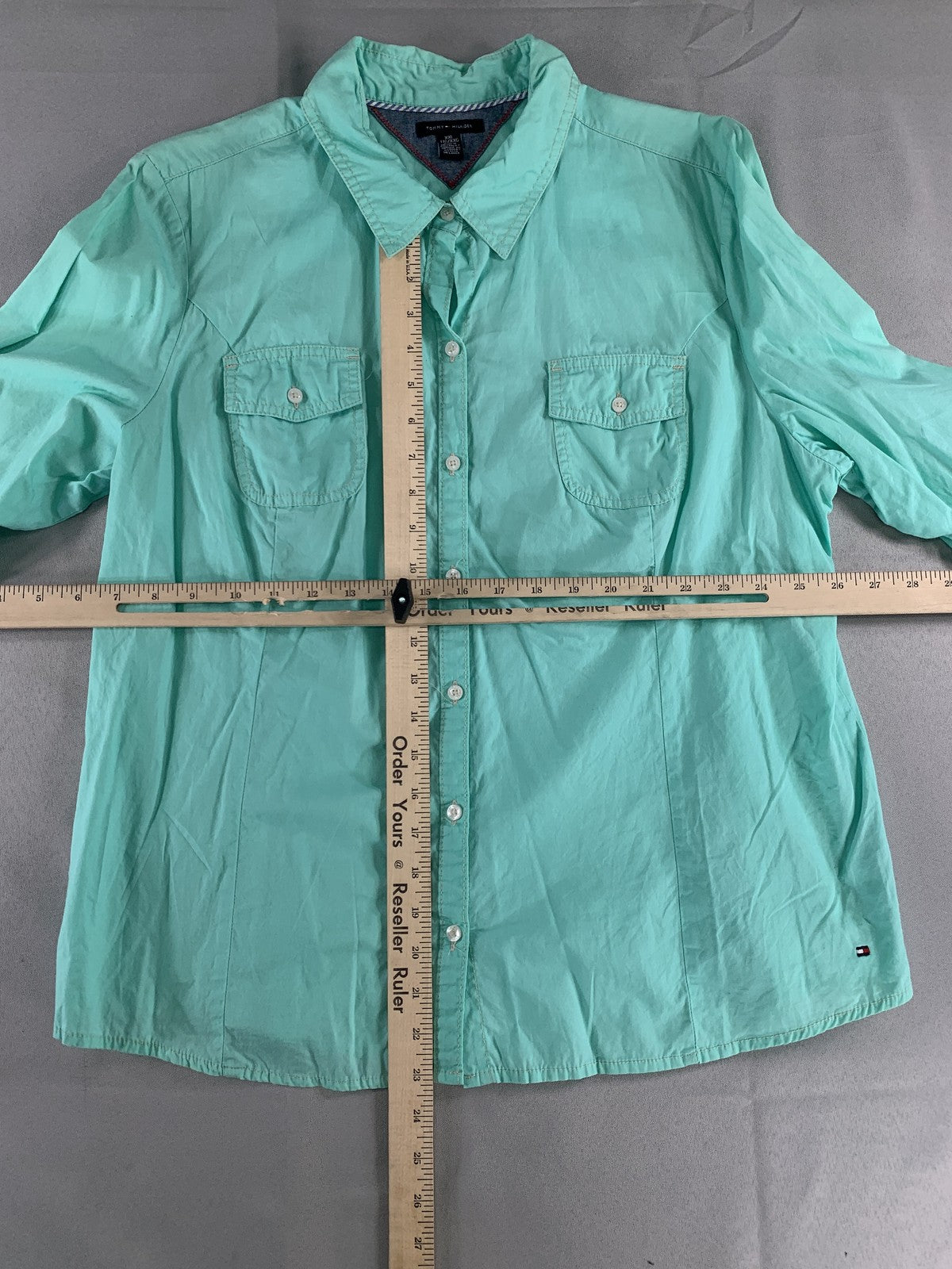 Tommy Hilfiger Shirt Womens 2XL Aqua Blue Long Sleeve Button Up Pocket Cotton