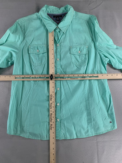 Tommy Hilfiger Shirt Womens 2XL Aqua Blue Long Sleeve Button Up Pocket Cotton
